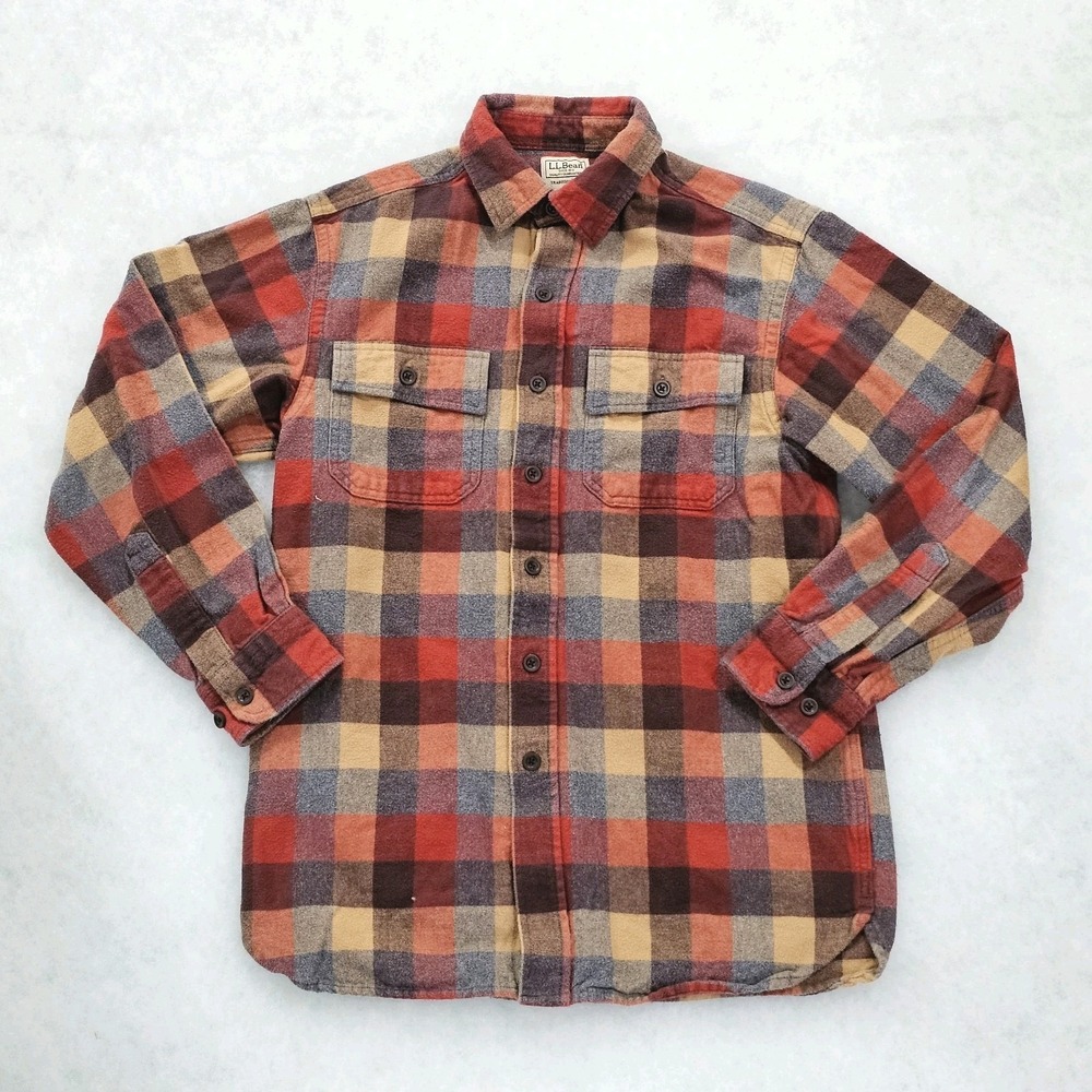 EUC LL Bean Chamois Cotton Plaid Shirt Mens Sm Heavyweight Flannel Orange Red